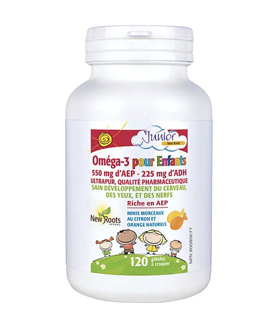 Omega-3 pour enfants - 550mg d'AEP et 225mg d'ADH - New Roots - 120 gélules à croquer citron/orange